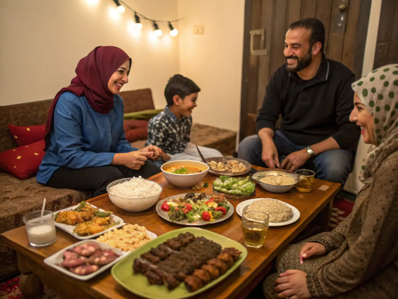 A colorful image of a traditional Syrian meal served in a local home setting, featuring a variety of dishes and smiling faces.