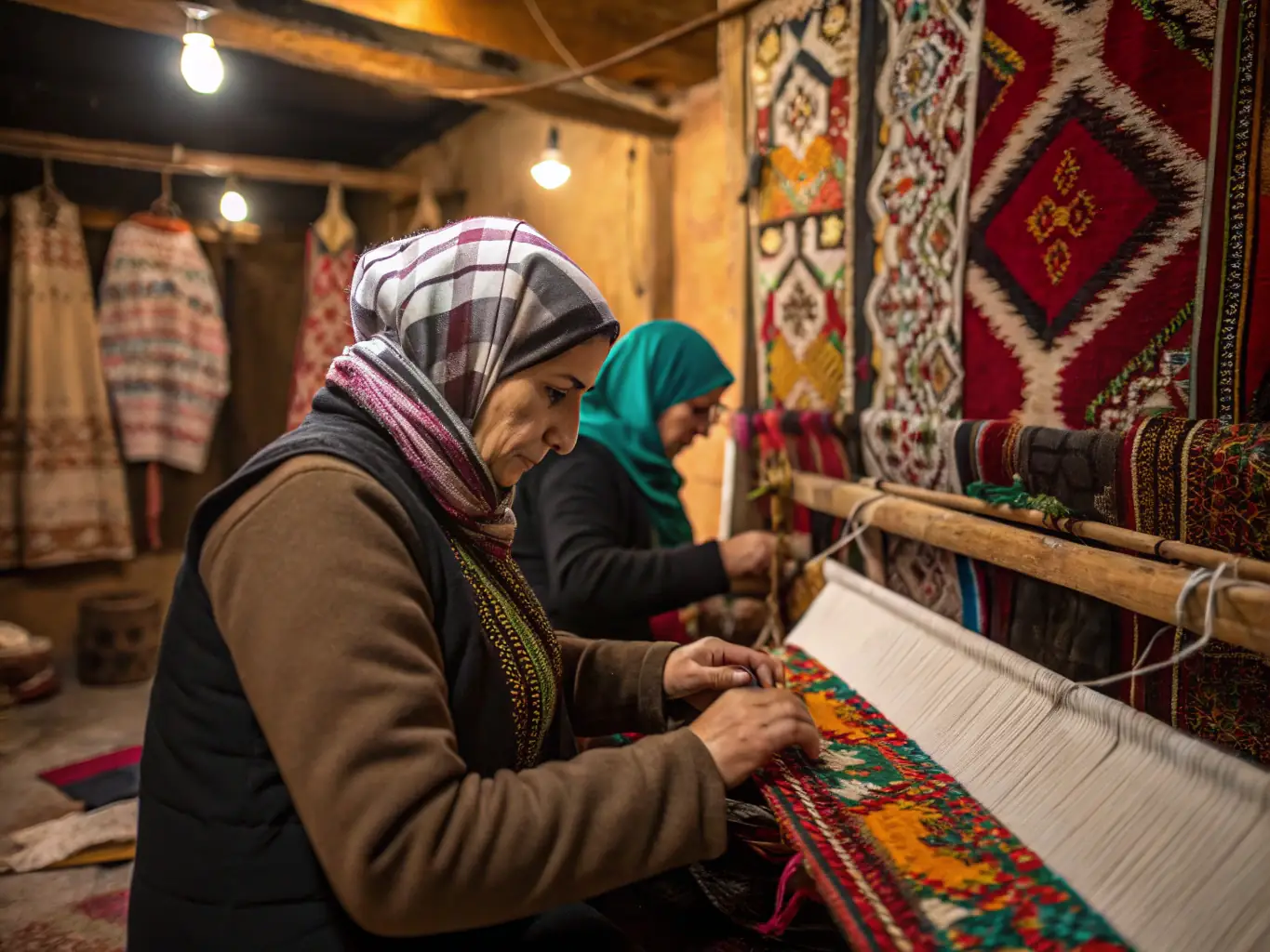 A photo of artisans working on traditional Syrian textiles in a local workshop, showcasing intricate patterns and vibrant colors.