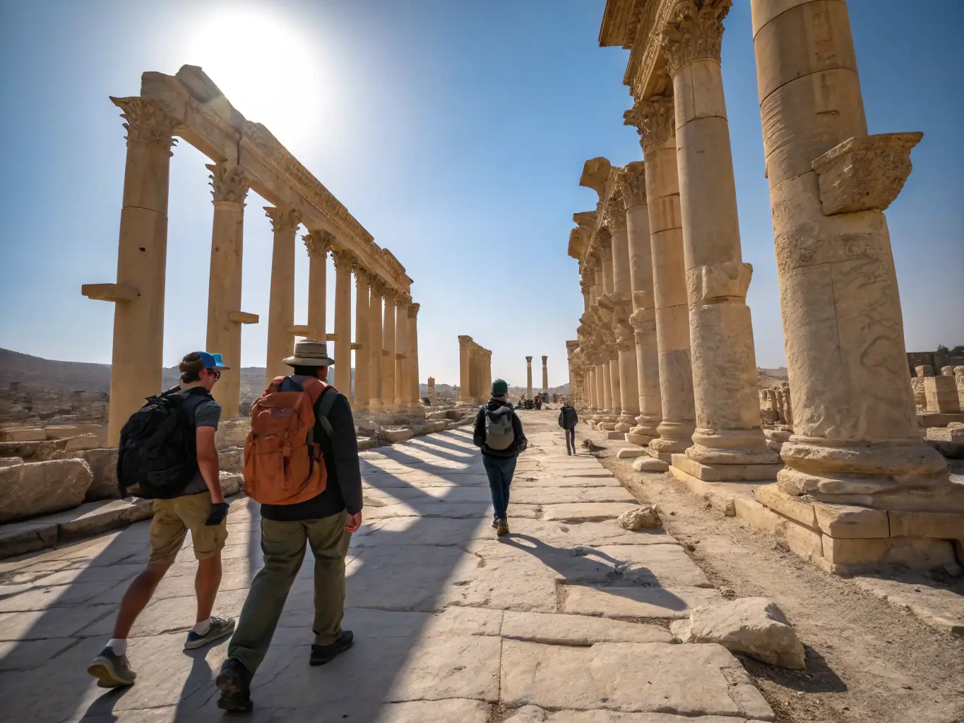 A vibrant image of travelers exploring the ancient ruins of Palmyra with local guides sharing stories, under a clear blue sky.
