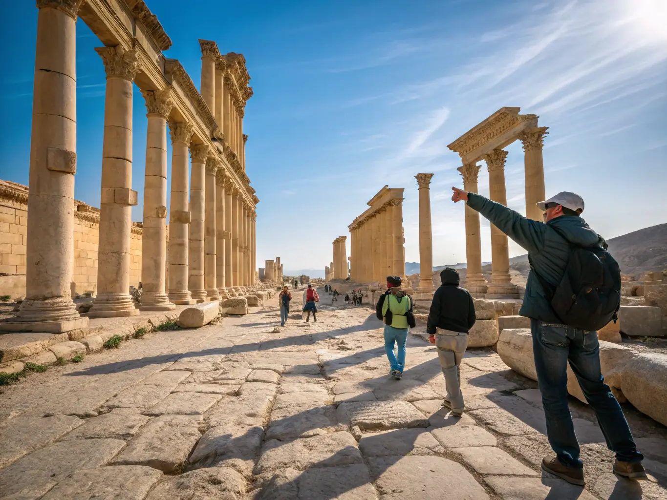 A vibrant image of travelers exploring the ancient ruins of Palmyra with local guides sharing stories, under a clear blue sky.