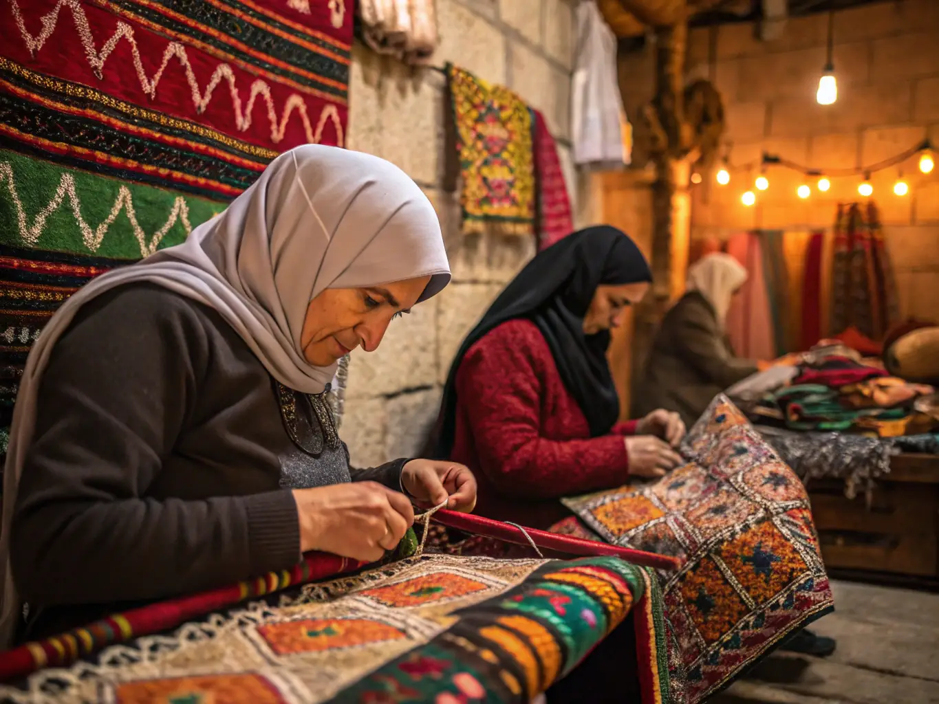A photo of artisans working on traditional Syrian textiles in a local workshop, showcasing intricate patterns and vibrant colors.