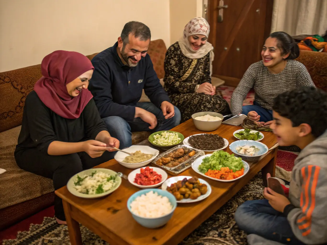 A colorful image of a traditional Syrian meal served in a local home setting, featuring a variety of dishes and smiling faces.