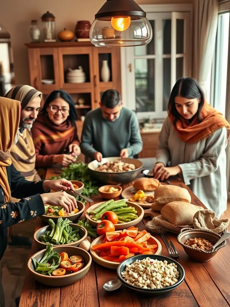 A family preparing a traditional Syrian meal in their home, showcasing the warmth and hospitality of Syrian culture, representing the Gastronomic Experience Tour.