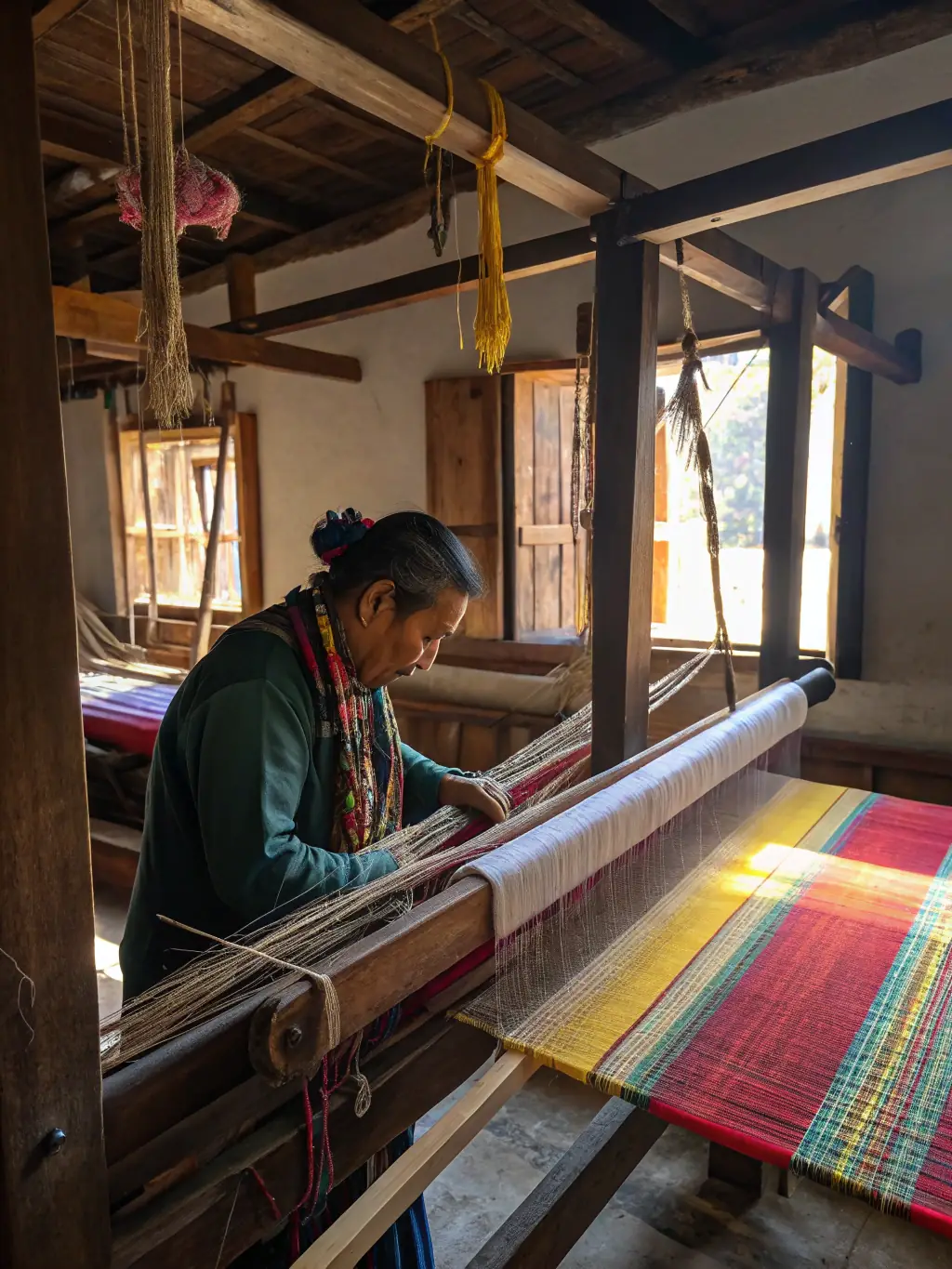 A skilled artisan demonstrating the art of traditional Syrian weaving, with colorful threads and intricate patterns, representing the Traditional Crafts Tour.