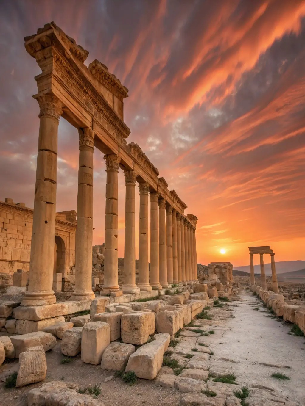 A vibrant image showcasing the ancient city of Palmyra, with its iconic colonnades and historical significance, representing the Cultural Heritage Tour.